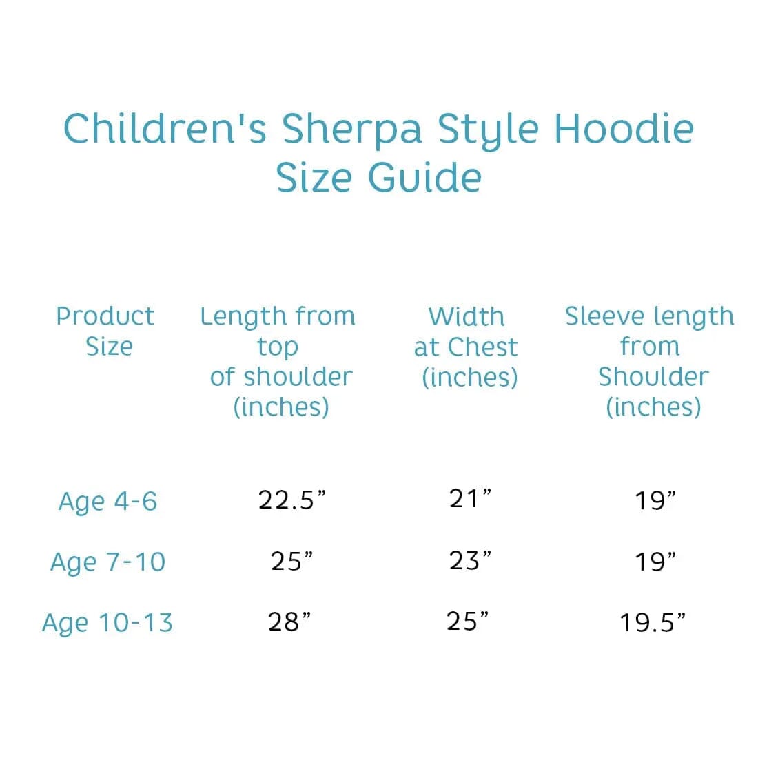 Children's Hooded Wearable Blanket size chart