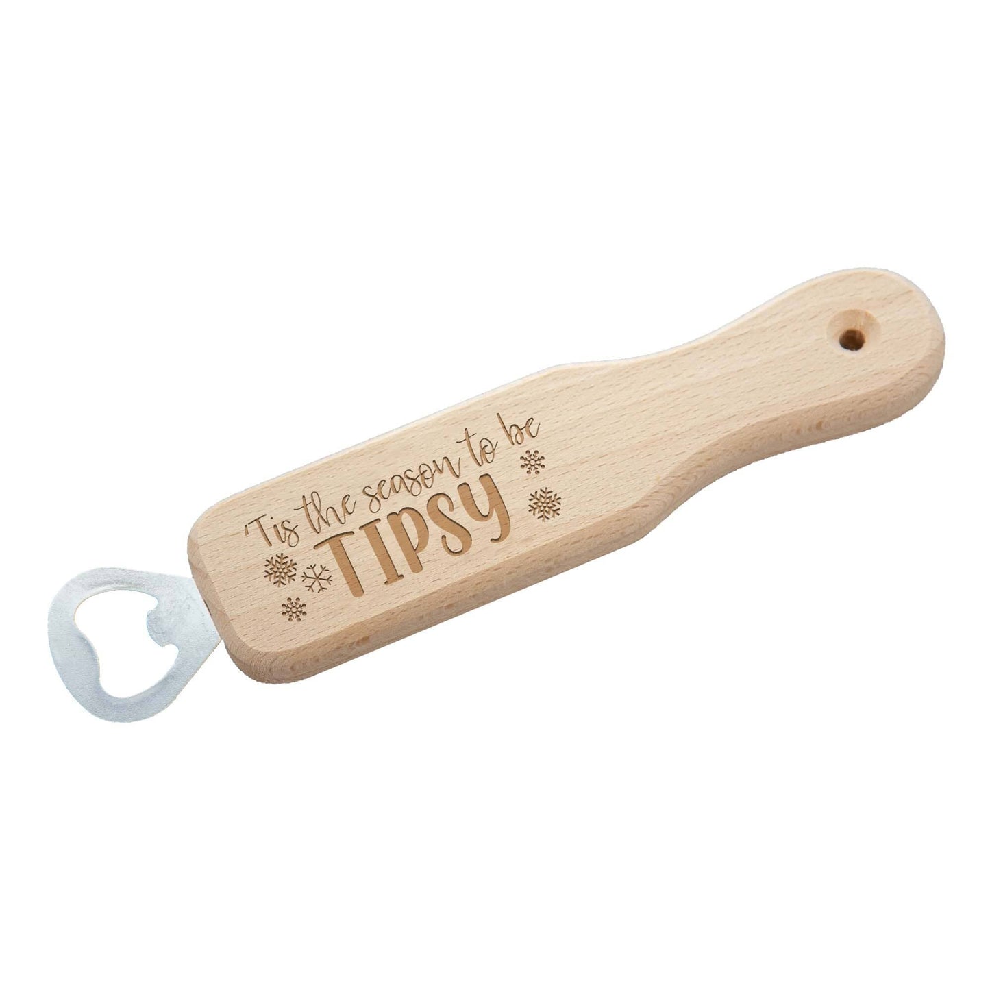 Christmas Wooden Long Handled Bottle Opener on white backdrop
