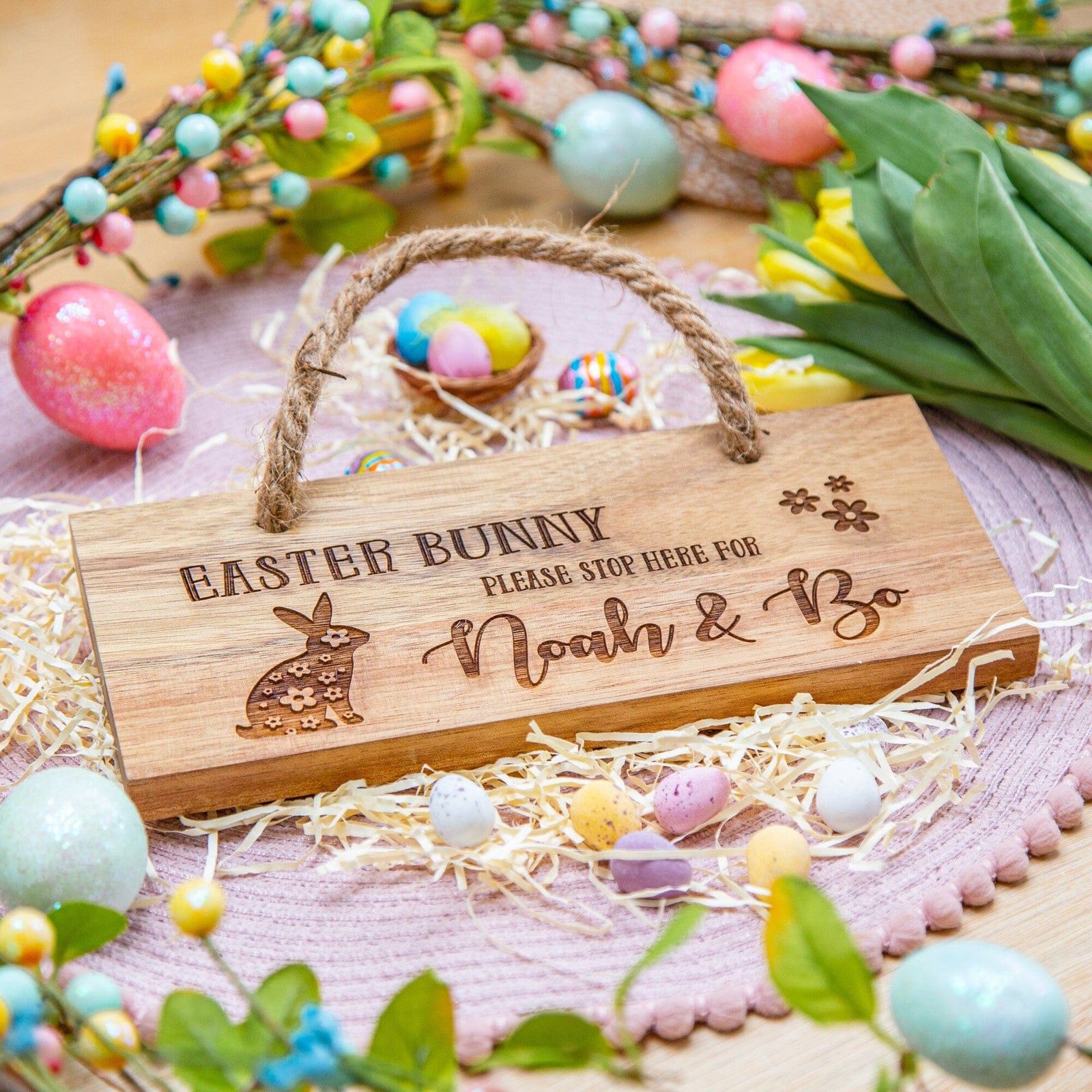 Personalised Easter Bunny Wooden Sign with easter props around