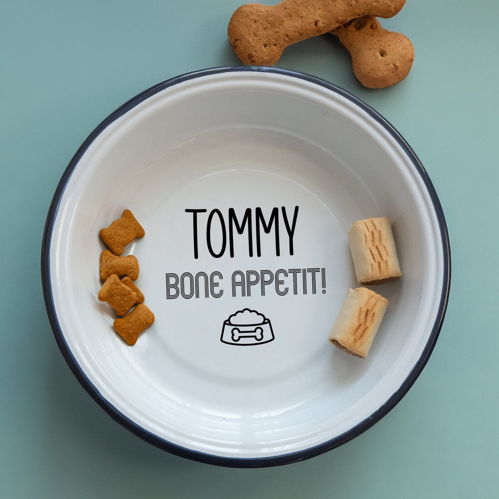 Personalised Enamel Dog Bowl with dog treats