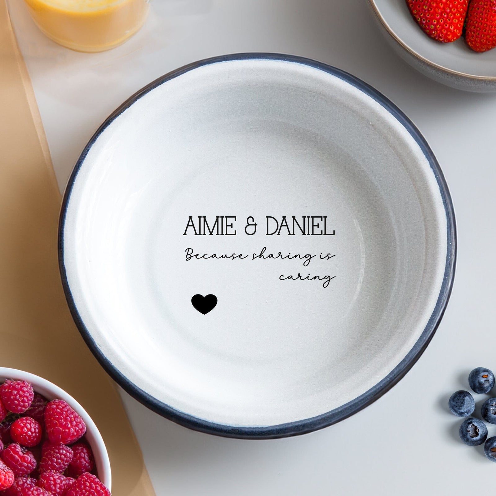 Personalised Enamel Sharing Snack Bowl with fruits around