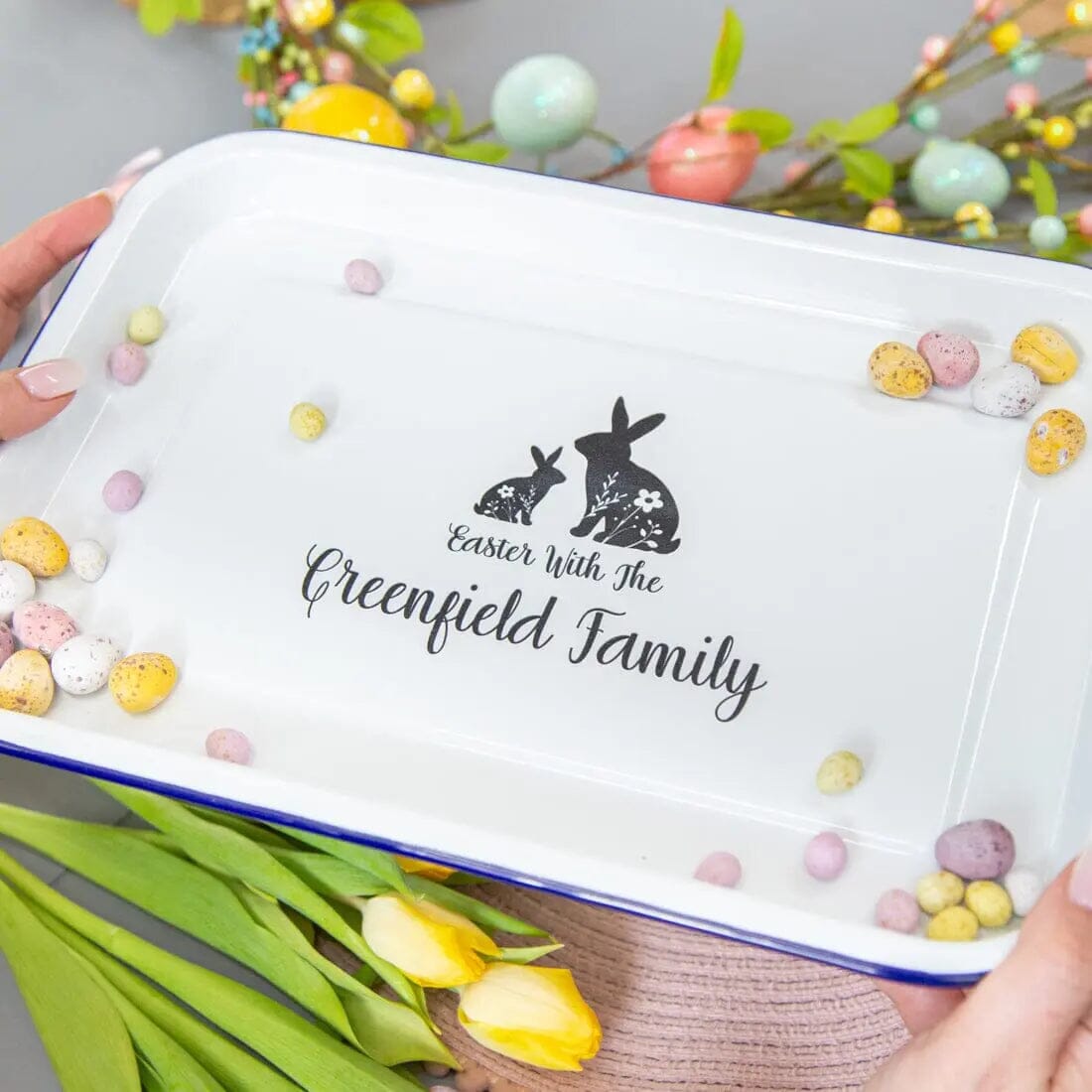 Personalised Family Easter Enamel Serving Tray