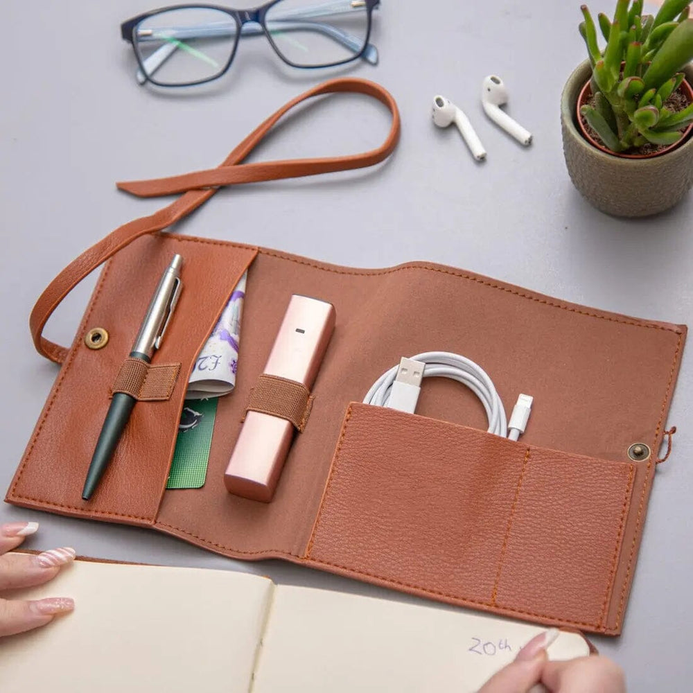 Personalised Faux Leather Cable Tidy With Initals, Script NuHide - Tan