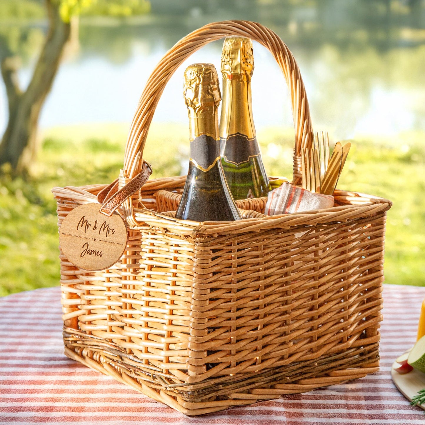 A personalised wicker wine carrier basket in a picnic spot featuring a personalised round cherry wood veneer tag