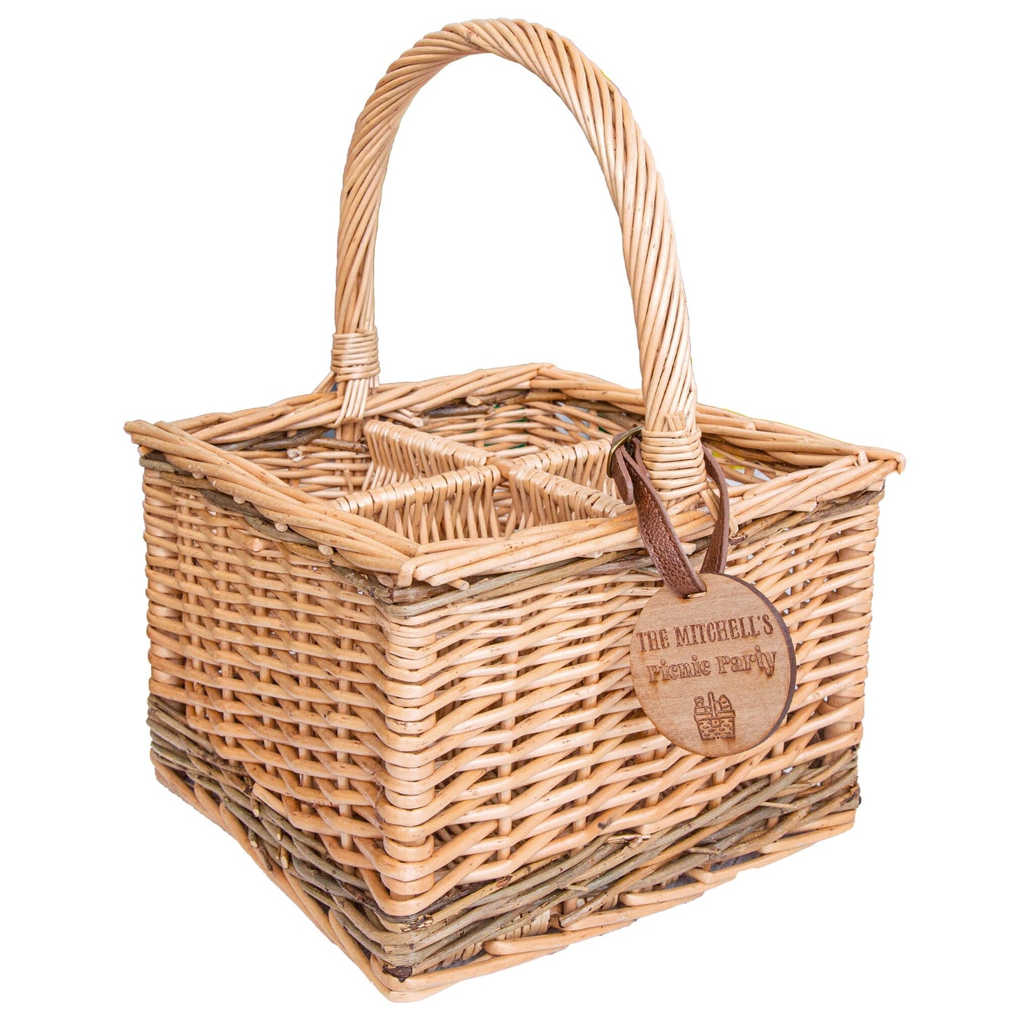 White backdrop image of the Wicker Wine carrier Basket with a personalised picnic tag.