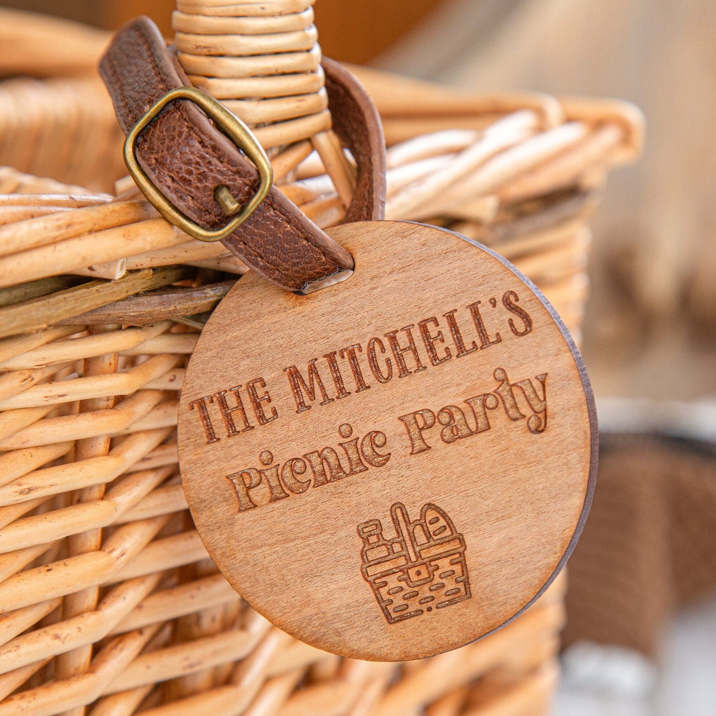 A closeup of the personalised picnic tag.