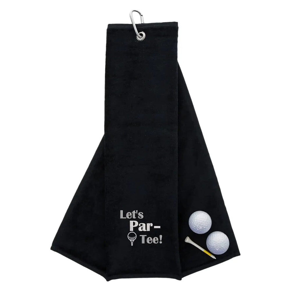Tri-Fold Golf Towel Embroidered With Let's Par-Tee Novelty Golf Logo Waffle Black