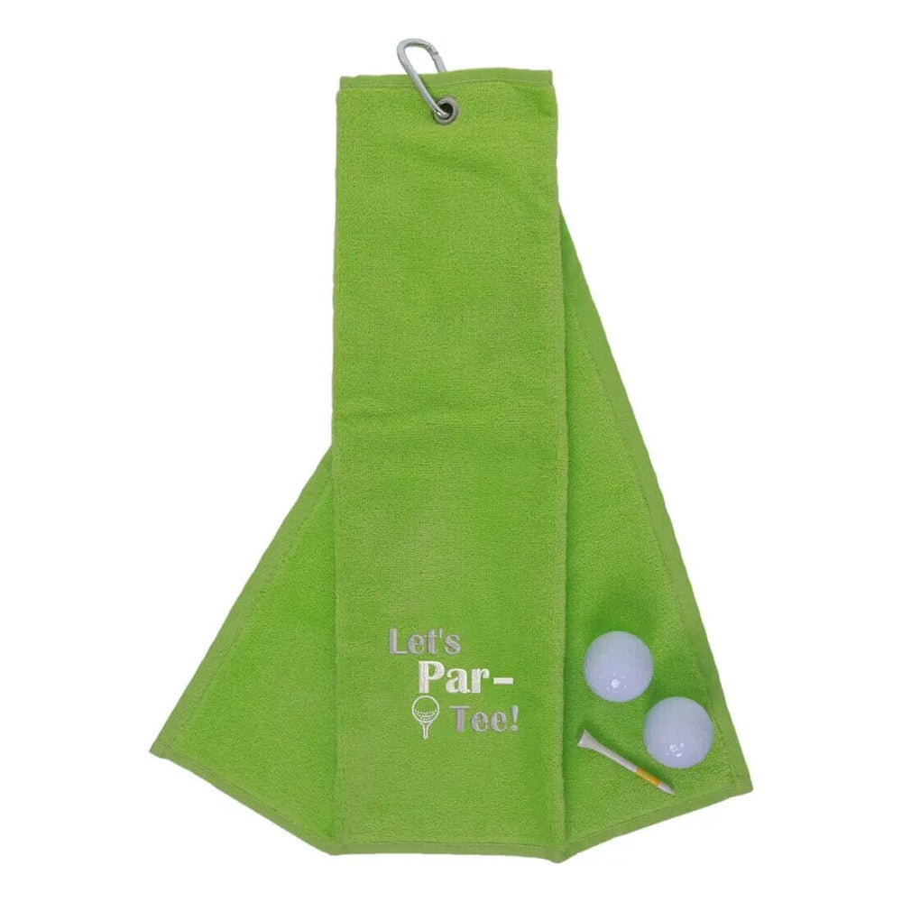 Tri-Fold Golf Towel Embroidered With Let's Par-Tee Novelty Golf Logo Lime