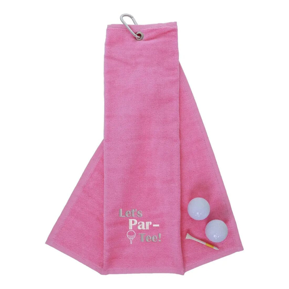 Tri-Fold Golf Towel Embroidered With Let's Par-Tee Novelty Golf Logo Pink