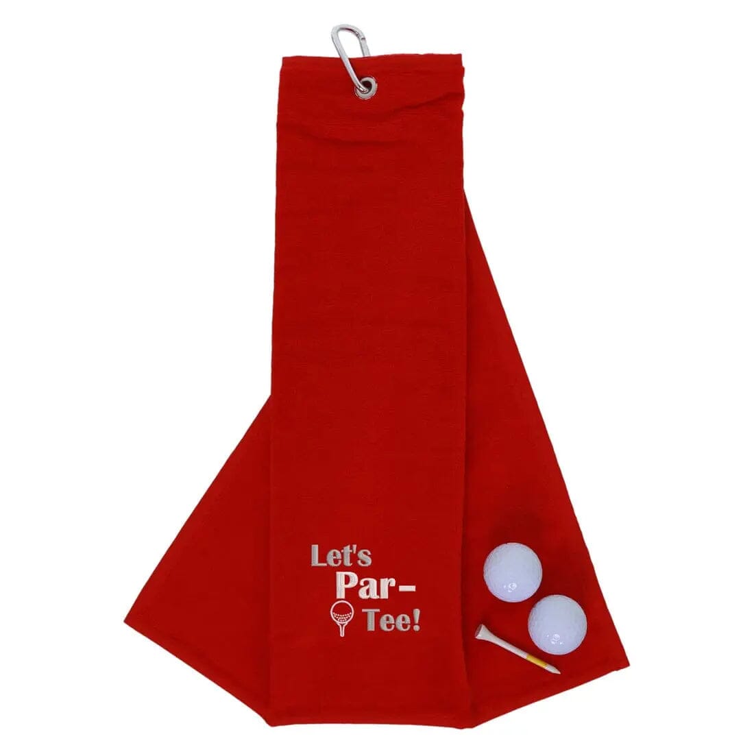 Tri-Fold Golf Towel Embroidered With Let's Par-Tee Novelty Golf Logo Red