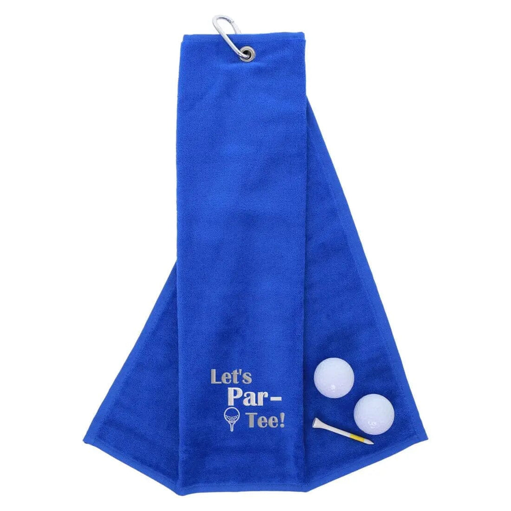 Tri-Fold Golf Towel Embroidered With Let's Par-Tee Novelty Golf Logo Royal