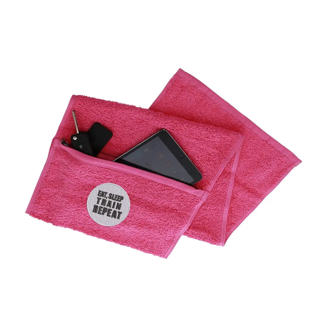 Eat, Sleep, Train, Repeat Zipped Gym Towel Gym Towel - Pink
