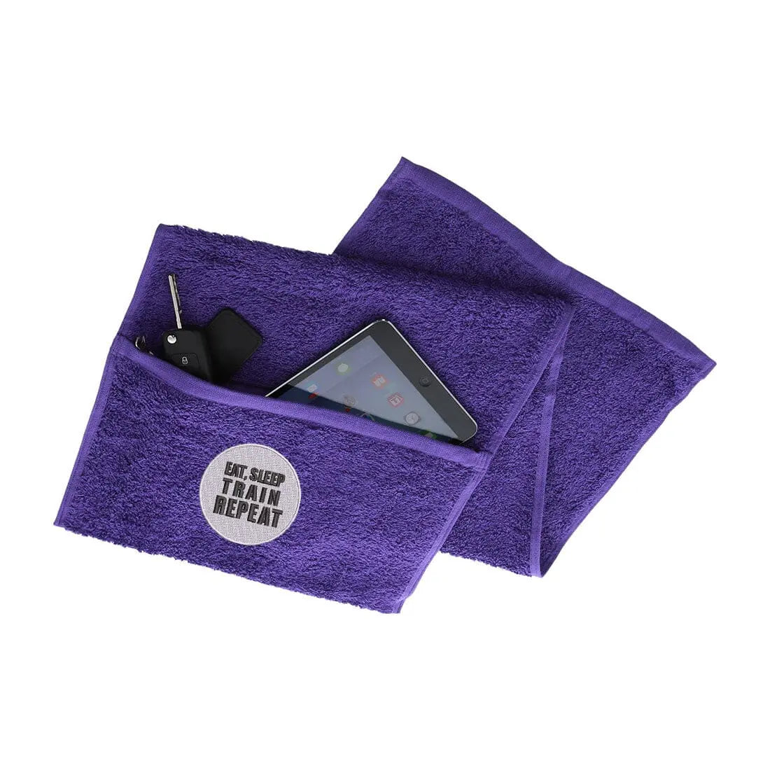 Eat, Sleep, Train, Repeat Zipped Gym Towel Gym Towel - Purple
