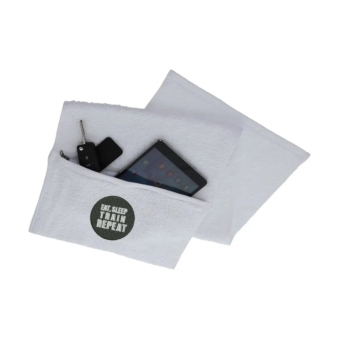 Eat, Sleep, Train, Repeat Zipped Gym Towel Gym Towel - White