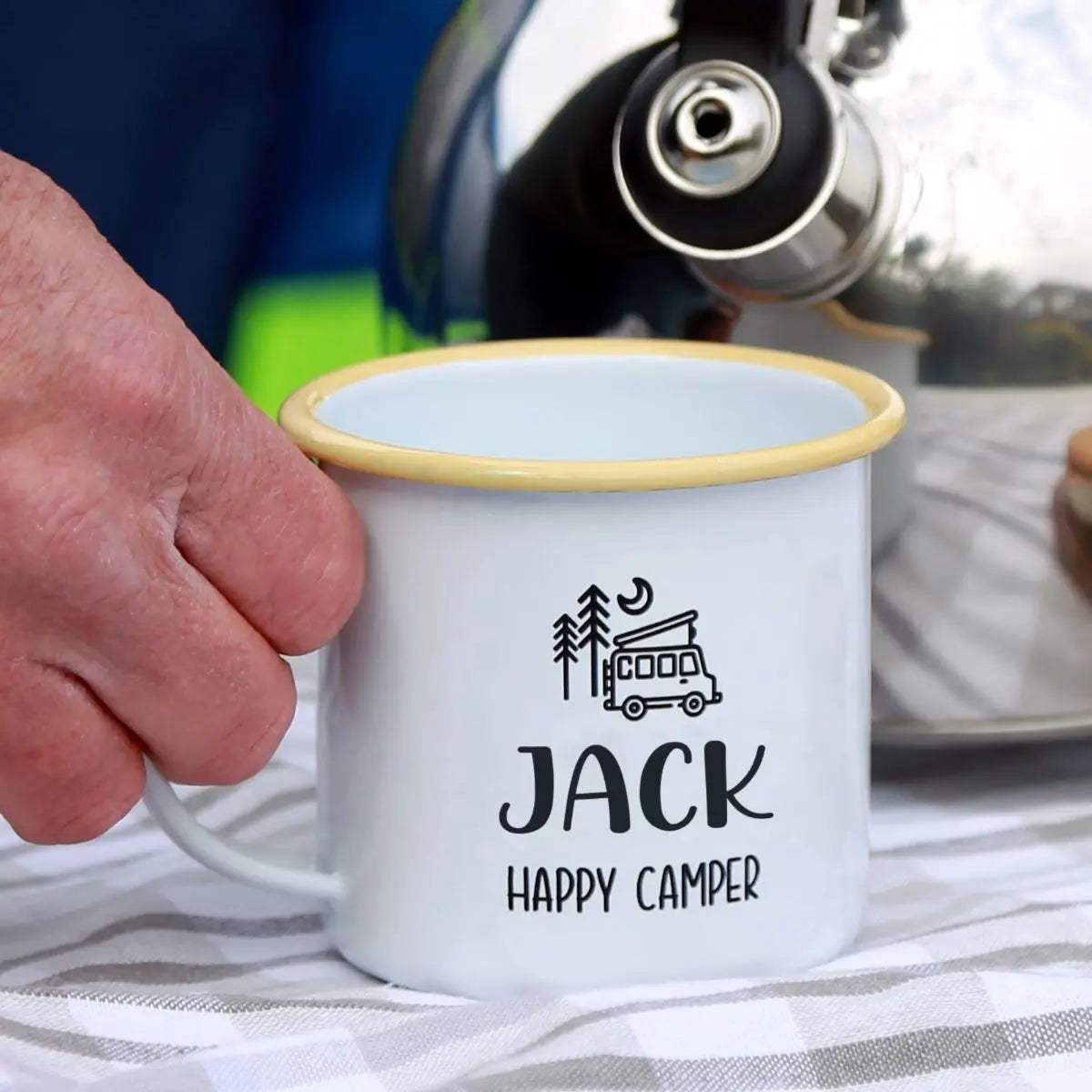 Personalised Happy Camper Enamel Camping Mug - Van Logo