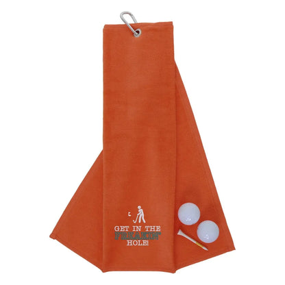 Tri-Fold Golf Towel Embroidered With Get In The Freakin' Hole Logo Orange  