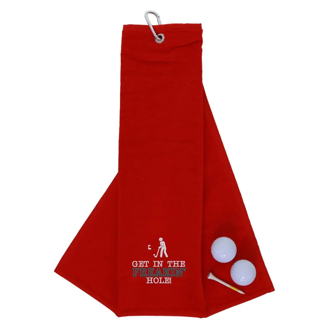 Tri-Fold Golf Towel Embroidered With Get In The Freakin' Hole Logo Red  