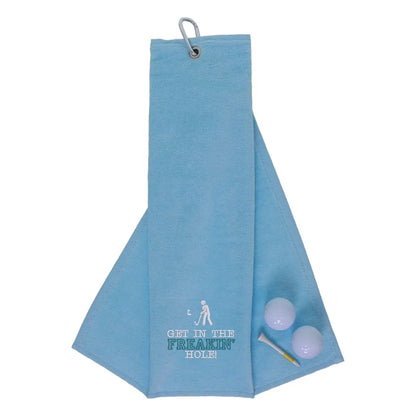 Tri-Fold Golf Towel Embroidered With Get In The Freakin' Hole Logo Sky  