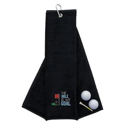 Tri-Fold Golf Towel Embroidered With Hole Is My Goal Logo Black  