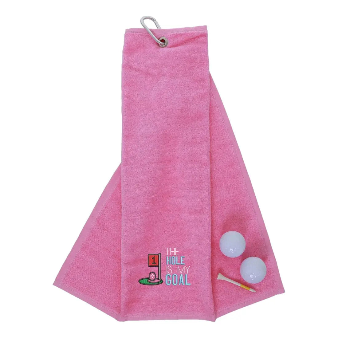 Tri-Fold Golf Towel Embroidered With Hole Is My Goal Logo Pink  