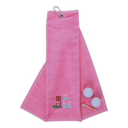 Tri-Fold Golf Towel Embroidered With Hole Is My Goal Logo Pink  