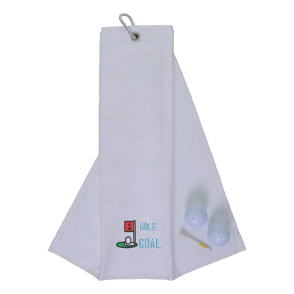 Tri-Fold Golf Towel Embroidered With Hole Is My Goal Logo White  
