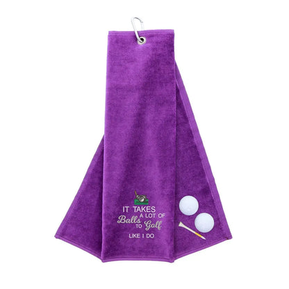 Tri-Fold Golf Towel Embroidered With Takes A Lot Of Balls Logo Purple  