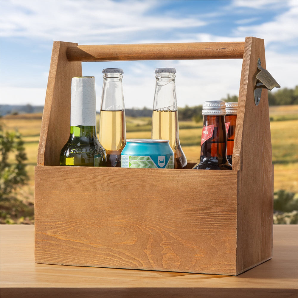 6-Bottle Carrier with Built-in Opener on a table with country backdrop