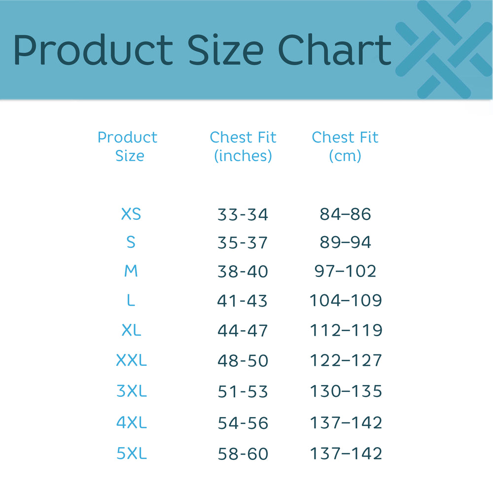 Product size chart table showing product sizes XS through 5XL, chest fit in inches, and chest fit in centimeters, with a teal header reading Product Size Chart.