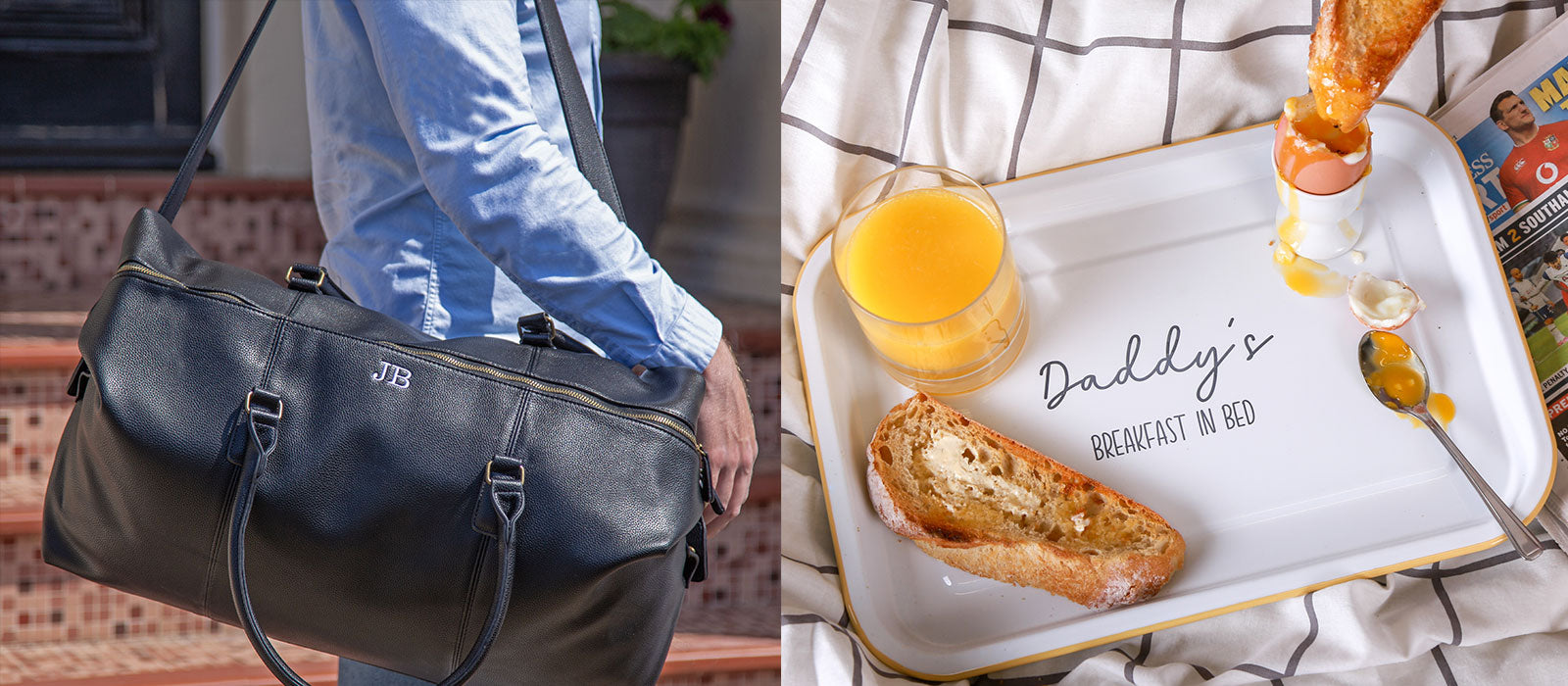 Father's Day Hero Image including a personalised holdall and engraved enamel tray