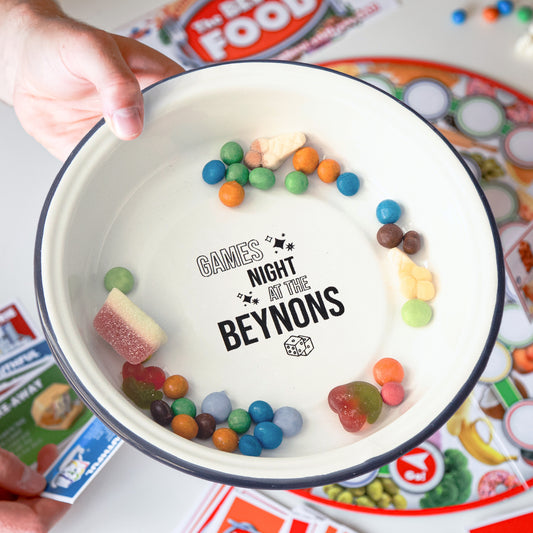 Personalised Family Games Night Enamel Snack Bowl   