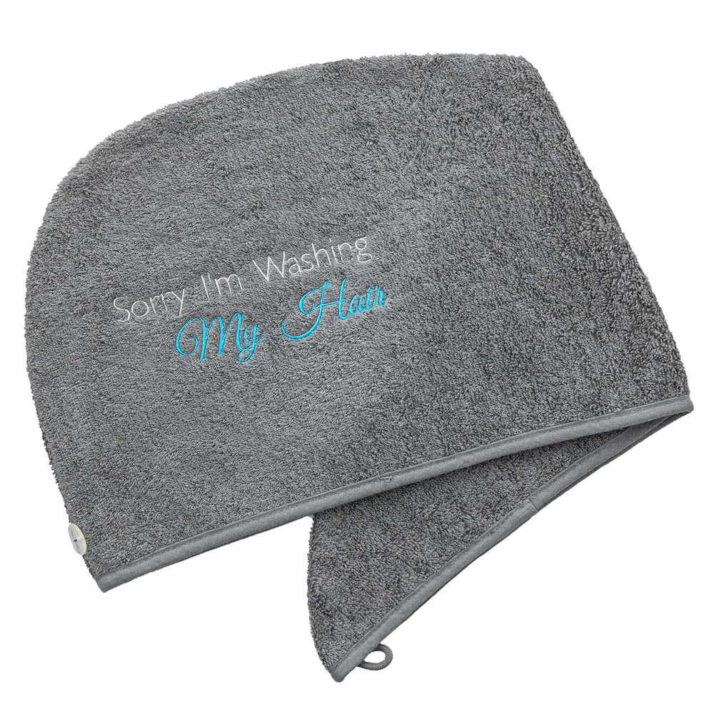Slate Luxury Hair Turban Towel washing My Hair Logo White Backdrop