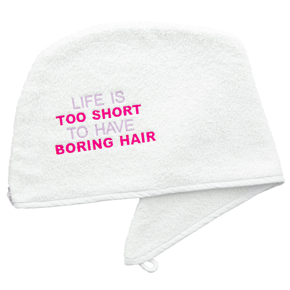 White Aztex Luxury Hair Turban Towel boring Hair Logo on white backdrop