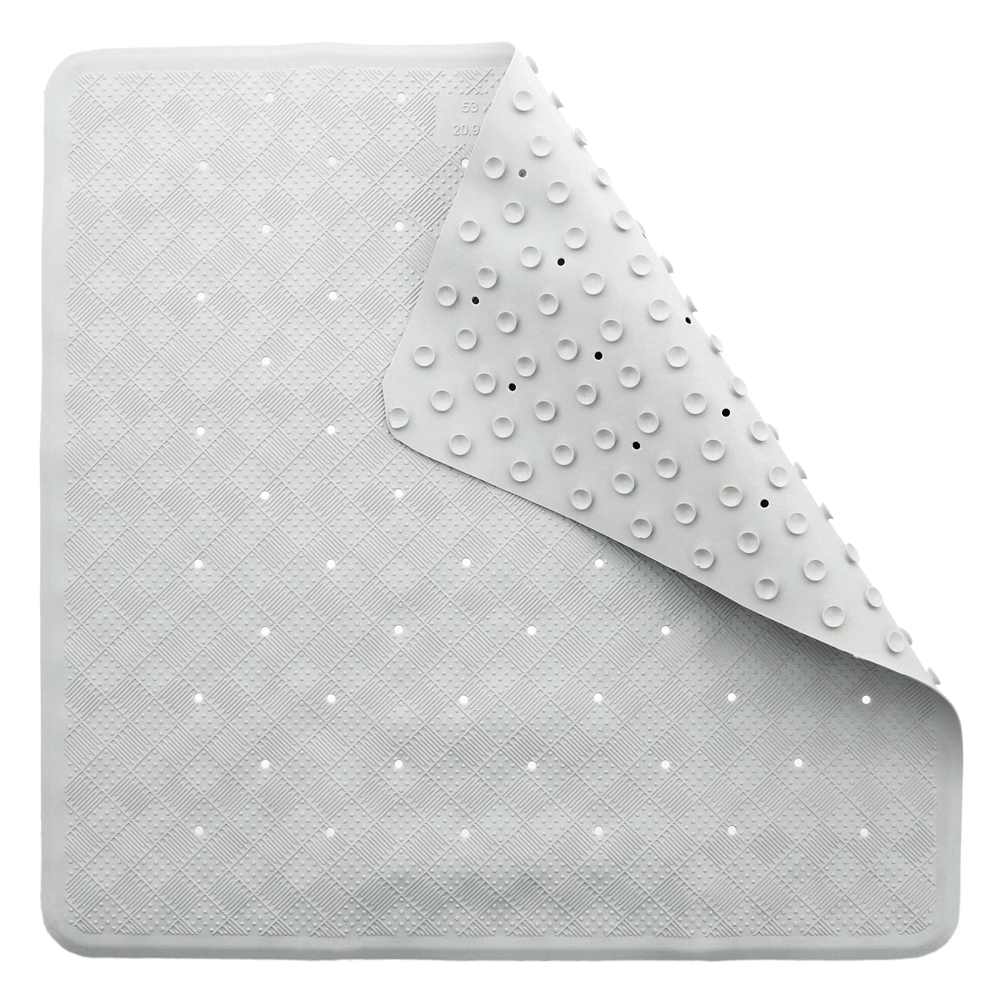 White anti-fungal rubber shower mat folded corner on white backdrop