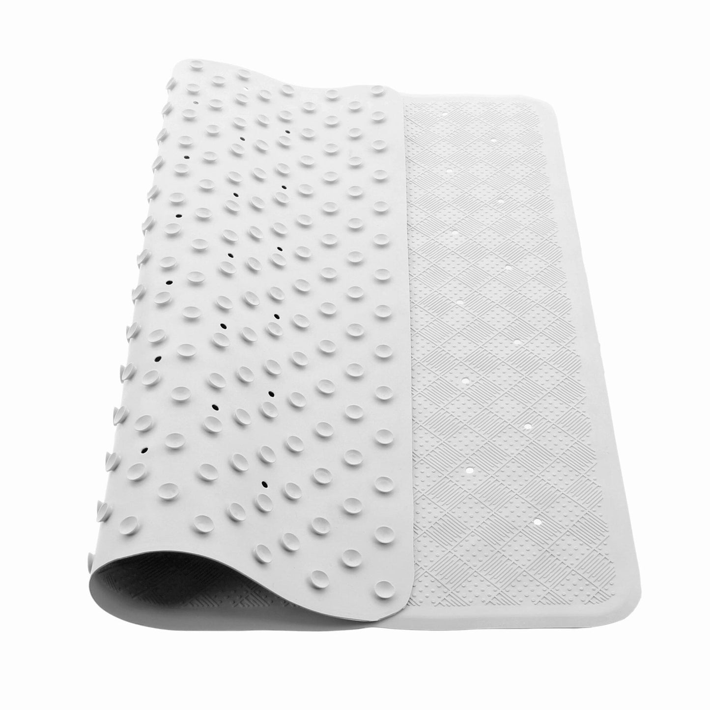 White anti-fungal rubber shower mat folded on white backdrop