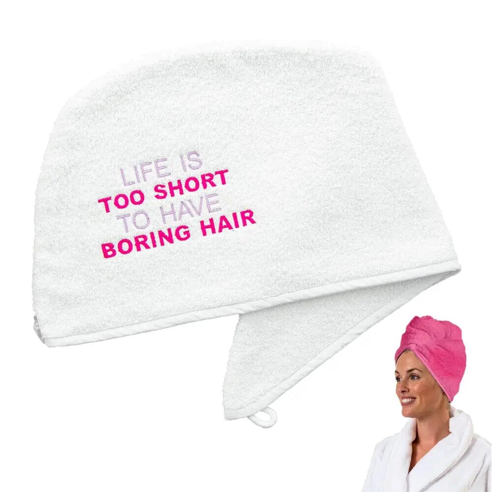 Aztex Luxury Hair Turban Towel Boring Hair Logo on white backdrop with a model in the corner