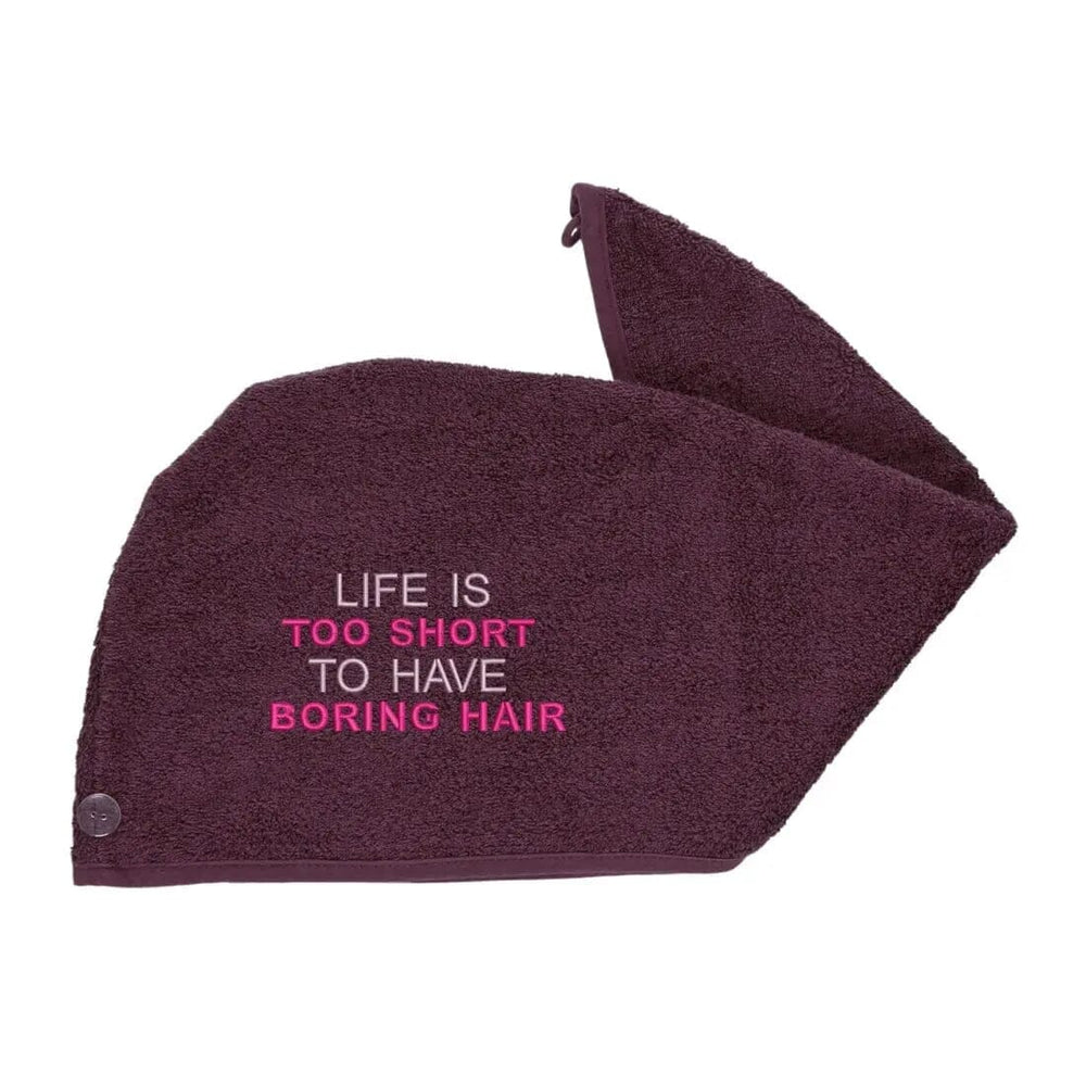 Aubergine Aztex Luxury Hair Turban Towel with Boring Hair Logo on White backdrop