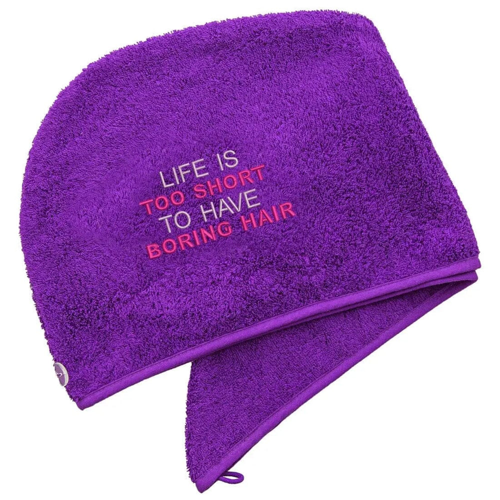 Purple Luxury Hair Turban Towel with Boring Hair Logo on White backdrop