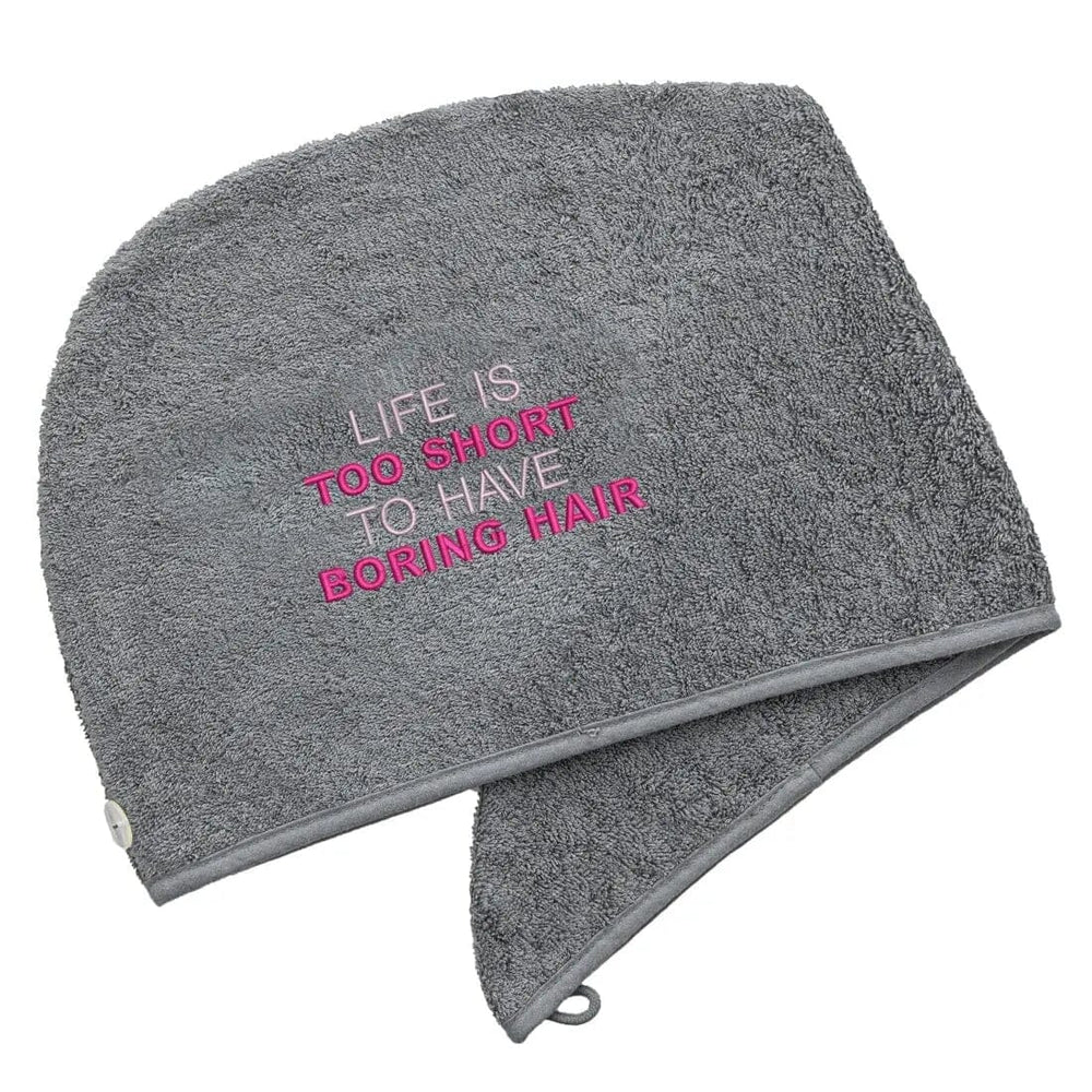 Slate Luxury Hair Turban Towel with Boring Hair Logo on White backdrop