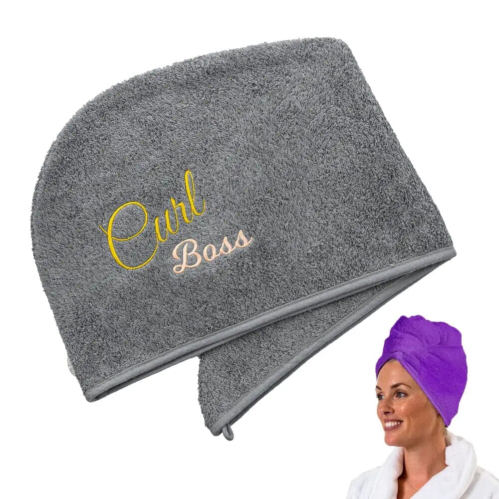 Aztex Luxury Hair Turban Towel Curl Boss Logo on white backdrop with a model in the backdrop