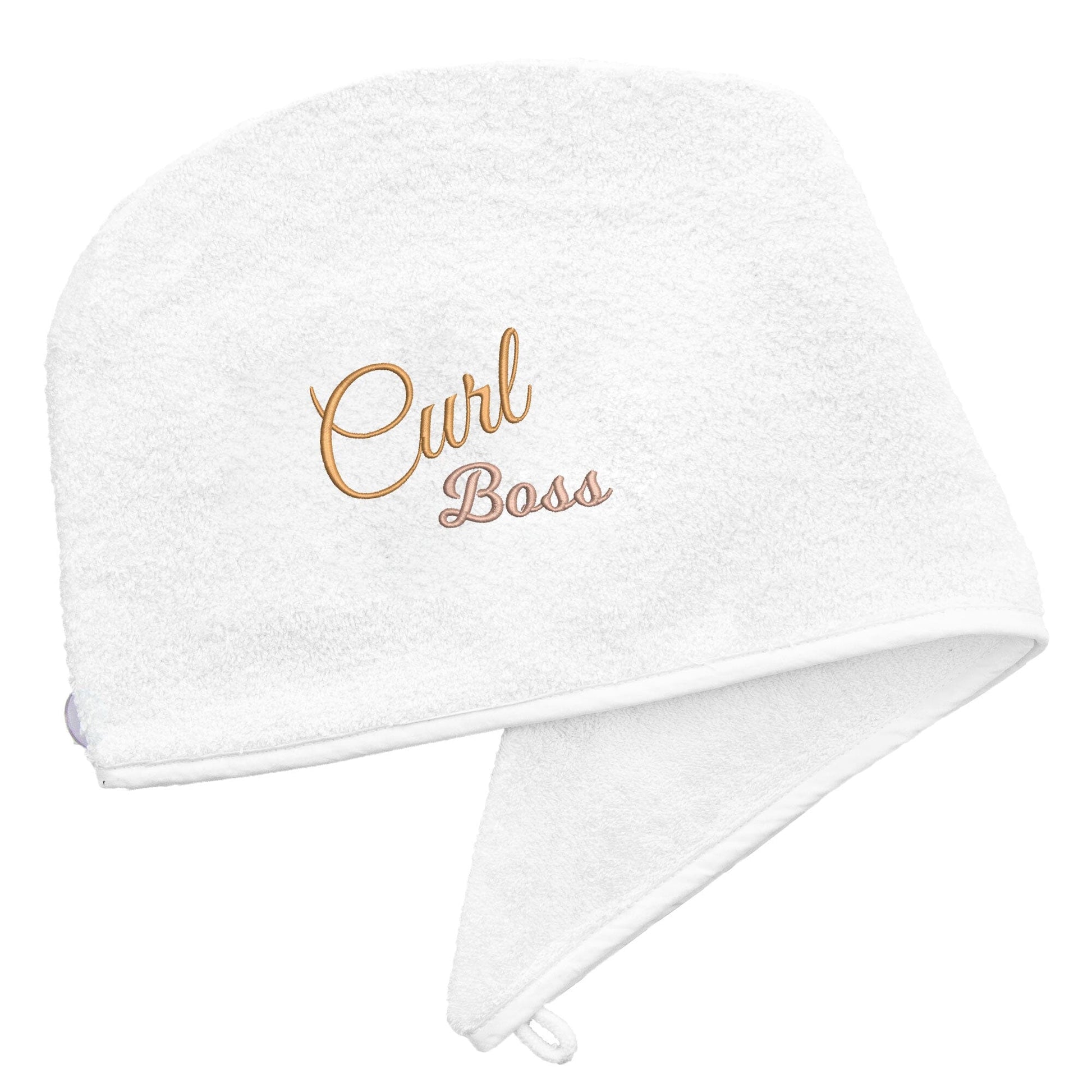 White Aztex Luxury Hair Turban Towel with Curl Boss Logo on white backdrop