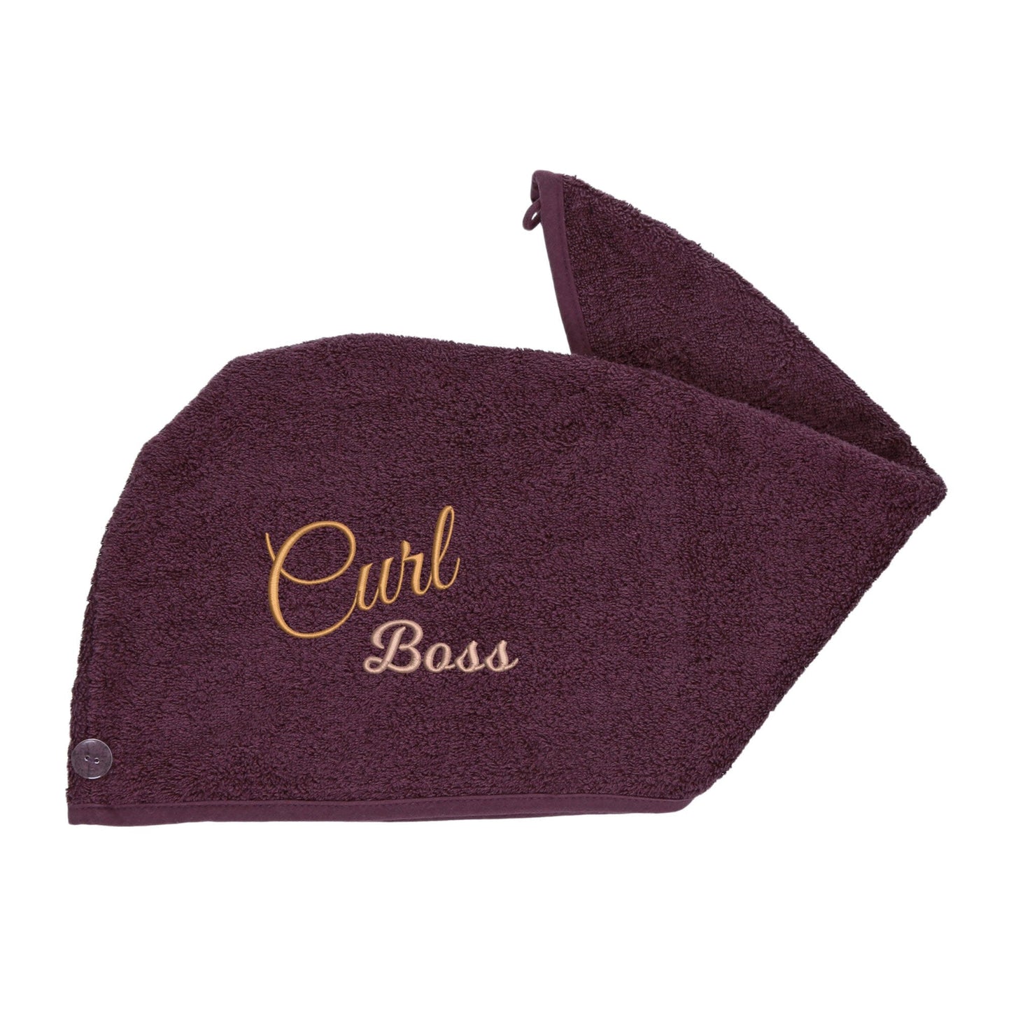 Aubergine Aztex Luxury Hair Turban Towel with Curl Boss Logo on white backdrop