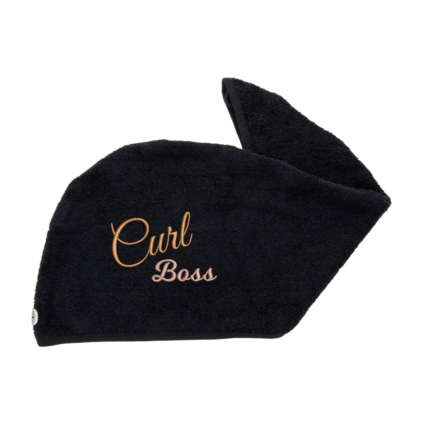 Black Aztex Luxury Hair Turban Towel with Curl Boss Logo on white backdrop