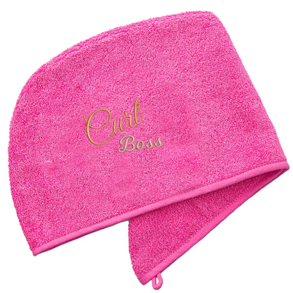 Pink Aztex Luxury Hair Turban Towel with Curl Boss Logo on white backdrop