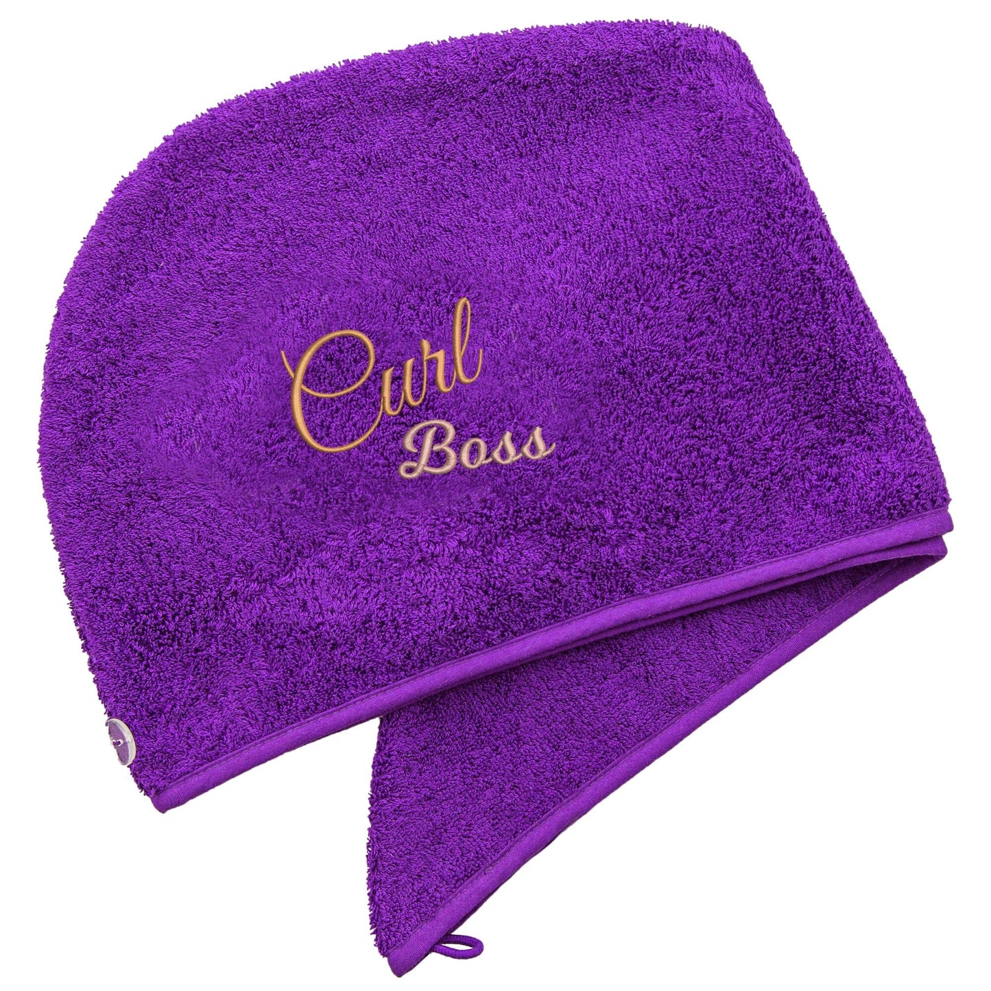 Purple Aztex Luxury Hair Turban Towel with Curl Boss Logo on white backdrop