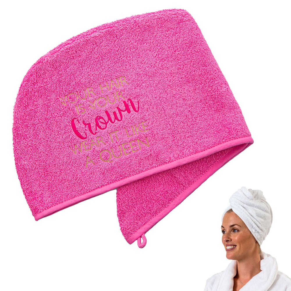 Pink Aztex Luxury Hair Turban Towel  with Hair Is Your Crown Logo on white backdrop with a model in the corner