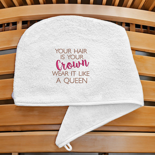 Aztex Luxury Hair Turban Towel  with Hair Is Your Crown Logo on a sauna bench