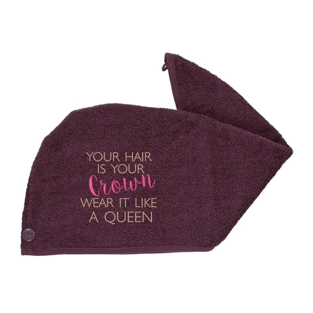 Aubergine Aztex Luxury Hair Turban Towel Hair Is Your Crown Logo on white backdrop