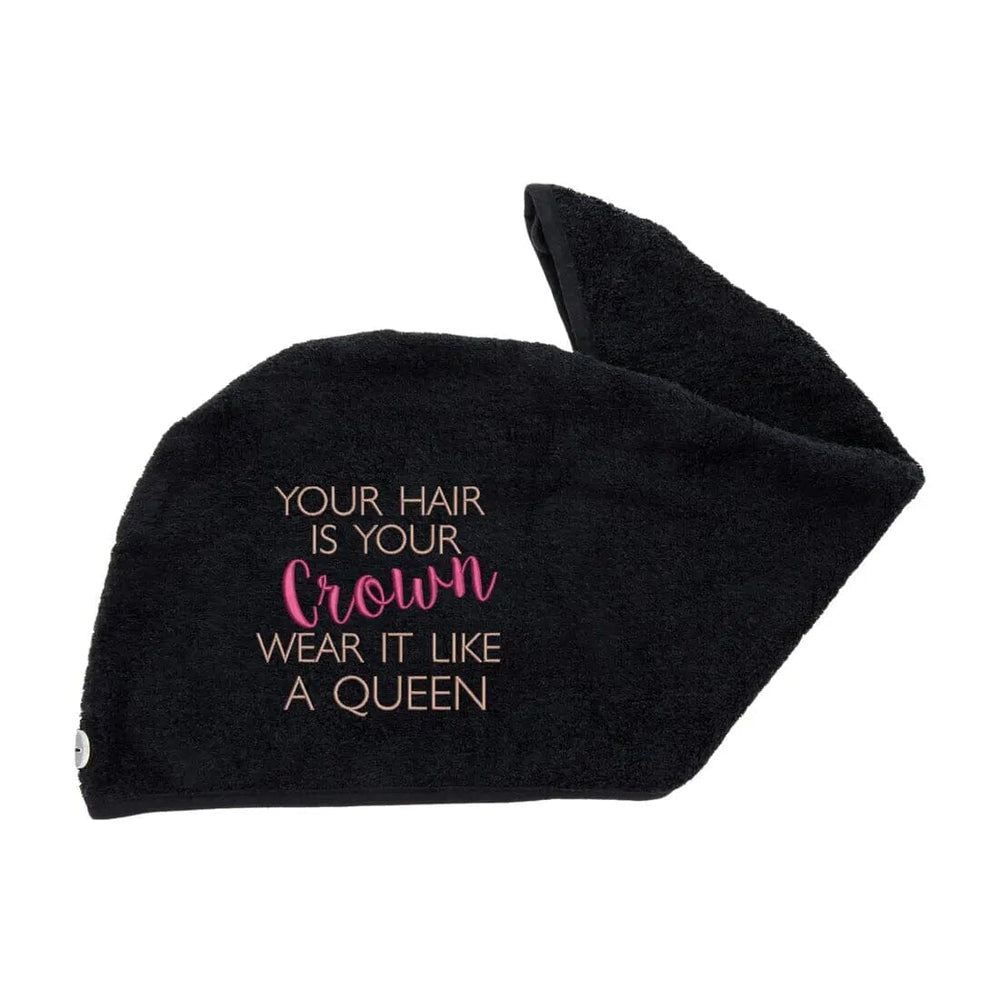 Black Aztex Luxury Hair Turban Towel Hair Is Your Crown Logo on white backdrop