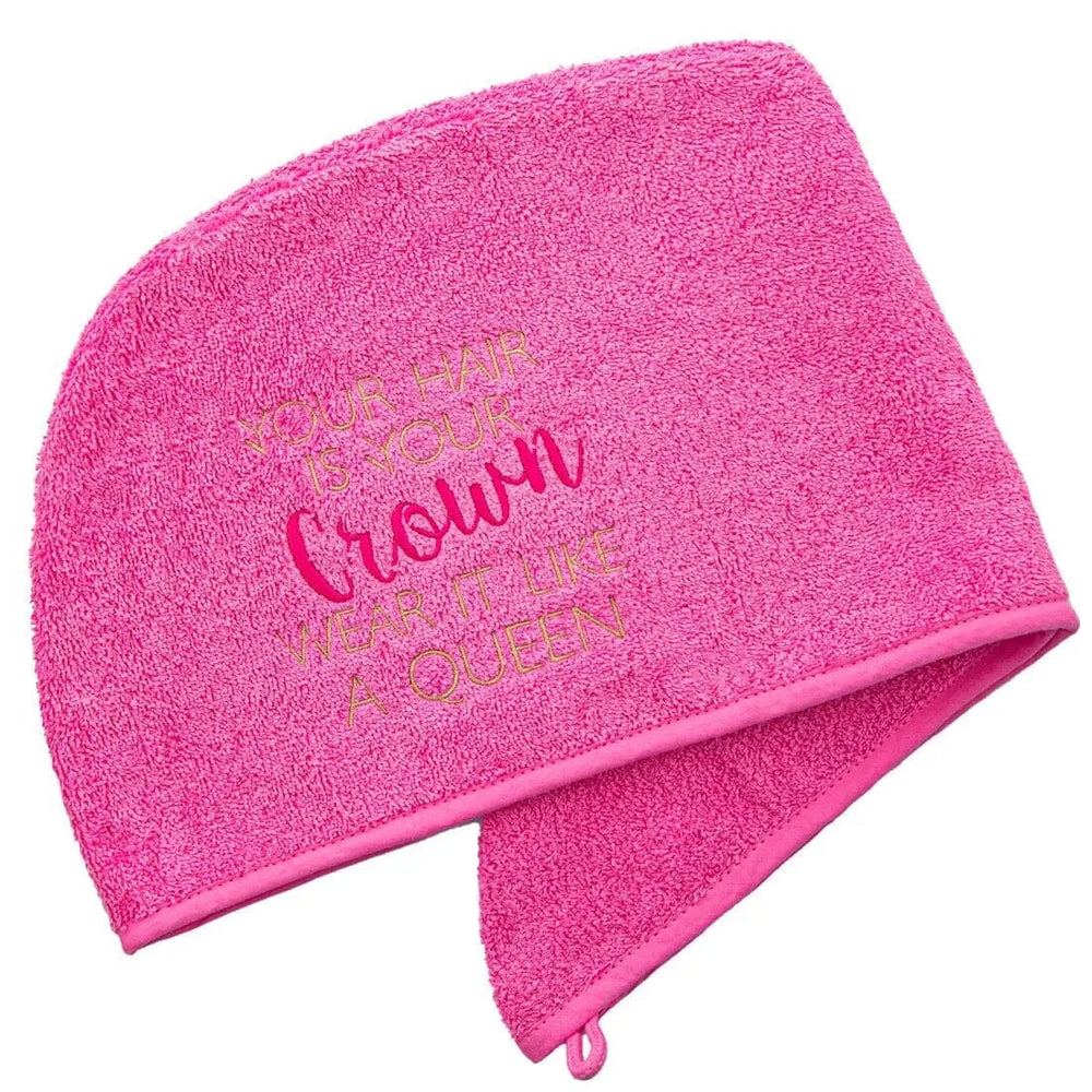 Pink Aztex Luxury Hair Turban Towel Hair Is Your Crown Logo on white backdrop